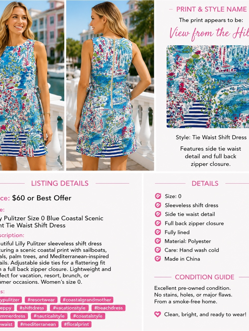 Lilly Pulitzer Size 0 Blue Coastal Scenic Print Tie Waist Shift Dress